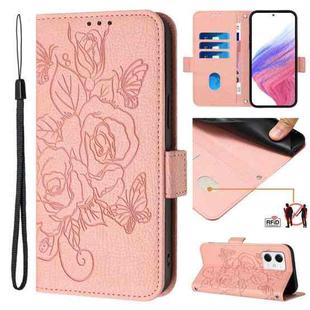 For Redmi Note 12 5G India / Xiaomi Poco X5 Embossed Rose RFID Anti-theft Leather Phone Case(Pink)