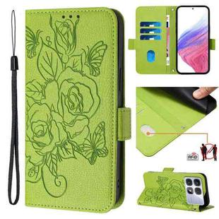 For Redmi K70 Ultra 5G Global Embossed Rose RFID Anti-theft Leather Phone Case(Green)