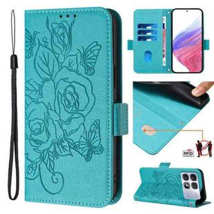 For Redmi K70 Ultra 5G Global Embossed Rose RFID Anti-theft Leather Phone Case(Light Blue)