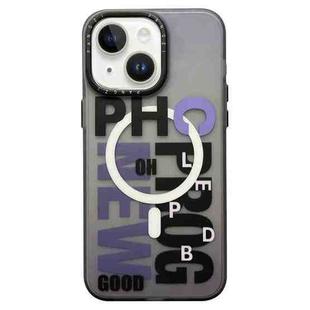 For iPhone 15 Double-Layer Frosted IMD MagSafe Phone Case(Purple Gradient Letters)