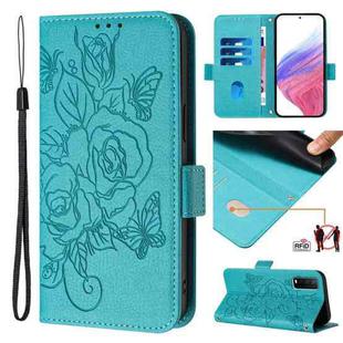 For vivo Y20 / Y20i / Y20s / Y11s / Y12s Embossed Rose RFID Anti-theft Leather Phone Case(Light Blue)