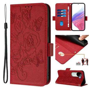 For vivo iQOO Z9s 5G / V40e 5G India Embossed Rose RFID Anti-theft Leather Phone Case(Red)