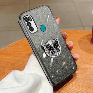 For Infinix Hot 9 Play Plated Gradient Glitter Butterfly Holder TPU Phone Case(Black)