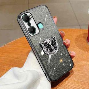 For Infinix Hot 20 Play Plated Gradient Glitter Butterfly Holder TPU Phone Case(Black)