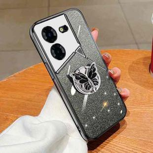 For Tecno Pova 6 Pro Plated Gradient Glitter Butterfly Holder TPU Phone Case(Black)