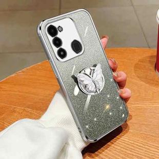For Tecno Spark Go 2022 Plated Gradient Glitter Butterfly Holder TPU Phone Case(Silver)
