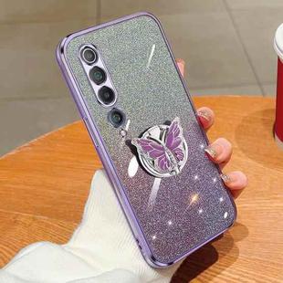 For Xiaomi Mi 10 Plated Gradient Glitter Butterfly Holder TPU Phone Case(Purple)