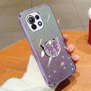 For Xiaomi Mi 11 Plated Gradient Glitter Butterfly Holder TPU Phone Case(Purple)