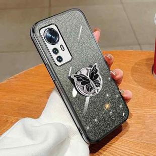 For Xiaomi 12 Plated Gradient Glitter Butterfly Holder TPU Phone Case(Black)