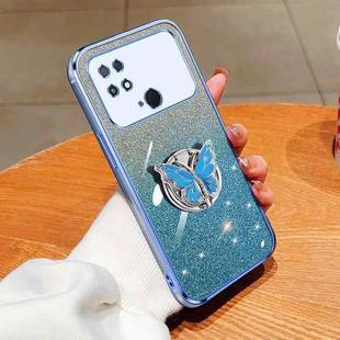 For Xiaomi Poco C40 Plated Gradient Glitter Butterfly Holder TPU Phone Case(Sierra Blue)