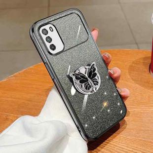 For Xiaomi Poco M3 Plated Gradient Glitter Butterfly Holder TPU Phone Case(Black)