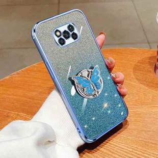 For Xiaomi Poco X3 Plated Gradient Glitter Butterfly Holder TPU Phone Case(Sierra Blue)
