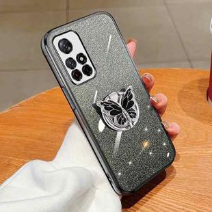 For Redmi Note 11 5G Plated Gradient Glitter Butterfly Holder TPU Phone Case(Black)