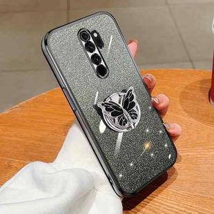 For Redmi Note 8 Pro Plated Gradient Glitter Butterfly Holder TPU Phone Case(Black)
