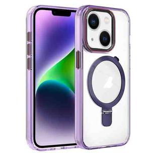 For iPhone 14 Crystal TPU Hybrid PC MagSafe Holder Phone Case(Transparent Purple)