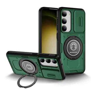 For Samsung Galaxy S23 5G Sliding Camshield TPU Hybrid PC Magnetic Holder Phone Case(Dark Green)