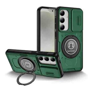 For Samsung Galaxy S24 5G Sliding Camshield TPU Hybrid PC Magnetic Holder Phone Case(Dark Green)