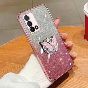 For OPPO K9 Plated Gradient Glitter Butterfly Holder TPU Phone Case(Pink)