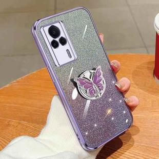 For Redmi K60E Plated Gradient Glitter Butterfly Holder TPU Phone Case(Purple)