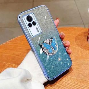 For Redmi K60E Plated Gradient Glitter Butterfly Holder TPU Phone Case(Sierra Blue)