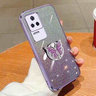 For Redmi K40S Plated Gradient Glitter Butterfly Holder TPU Phone Case(Purple)