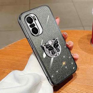 For Redmi K40 Plated Gradient Glitter Butterfly Holder TPU Phone Case(Black)