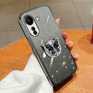 For Redmi 13C Plated Gradient Glitter Butterfly Holder TPU Phone Case(Black)