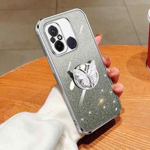 For Redmi 12C Plated Gradient Glitter Butterfly Holder TPU Phone Case(Silver)