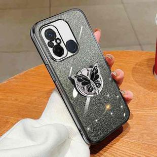 For Redmi 12C Plated Gradient Glitter Butterfly Holder TPU Phone Case(Black)