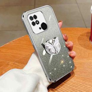 For Redmi 10C Plated Gradient Glitter Butterfly Holder TPU Phone Case(Silver)