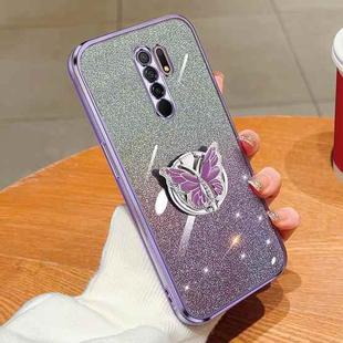 For Redmi 9 Plated Gradient Glitter Butterfly Holder TPU Phone Case(Purple)
