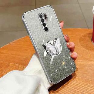 For Redmi 9 Plated Gradient Glitter Butterfly Holder TPU Phone Case(Silver)