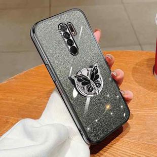 For Redmi 9 Plated Gradient Glitter Butterfly Holder TPU Phone Case(Black)