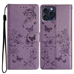 For iPhone 16 Pro Max Butterflies and Flowers Leather Phone Case(Purple)