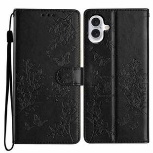 For iPhone 16 Butterflies and Flowers Leather Phone Case(Black)