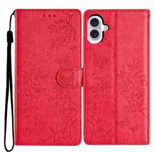 For iPhone 16 Butterfly Love Flower Embossed Leather Phone Case(Red)