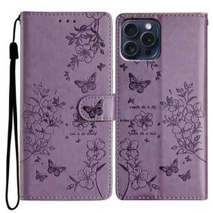 For iPhone 15 Pro Butterfly Love Flower Embossed Leather Phone Case(Purple)