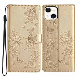 For iPhone 15 Plus Butterfly Love Flower Embossed Leather Phone Case(Gold)