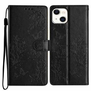 For iPhone 15 Plus Butterfly Love Flower Embossed Leather Phone Case(Black)