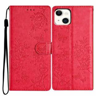 For iPhone 15 Plus Butterfly Love Flower Embossed Leather Phone Case(Red)