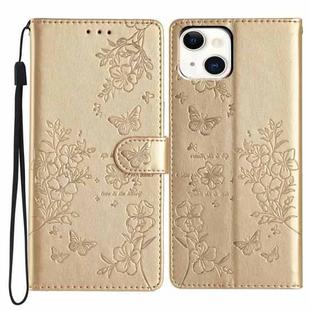 For iPhone 15 Butterfly Love Flower Embossed Leather Phone Case(Gold)