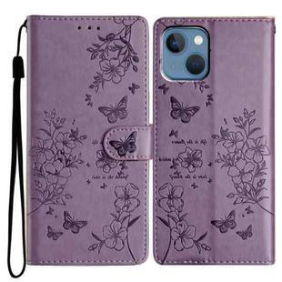 For iPhone 14 Plus Butterfly Love Flower Embossed Leather Phone Case(Purple)