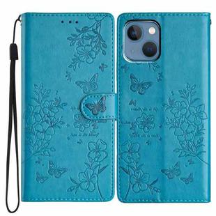 For iPhone 14 Plus Butterfly Love Flower Embossed Leather Phone Case(Blue)