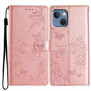 For iPhone 14 Butterfly Love Flower Embossed Leather Phone Case(Rose Gold)