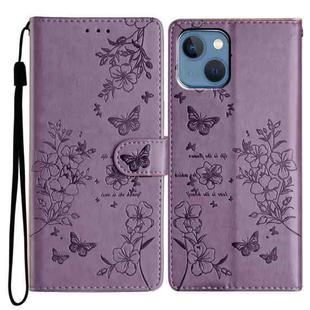 For iPhone 14 Butterfly Love Flower Embossed Leather Phone Case(Purple)