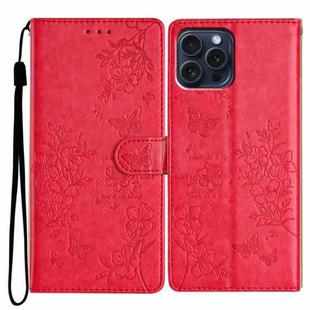 For iPhone 14 Pro Butterflies and Flowers Leather Phone Case(Red)