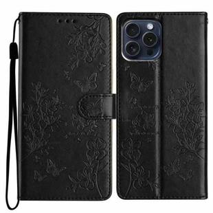 For iPhone 14 Pro Max Butterfly Love Flower Embossed Leather Phone Case(Black)