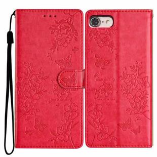 For iPhone SE 2022 / SE 2020 Butterfly Love Flower Embossed Leather Phone Case(Red)