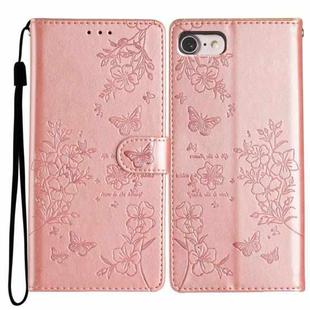 For iPhone SE 2022 / SE 2020 Butterflies and Flowers Leather Phone Case(Rose Gold)