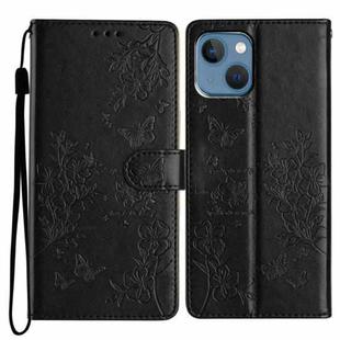 For iPhone 13 Butterflies and Flowers Leather Phone Case(Black)